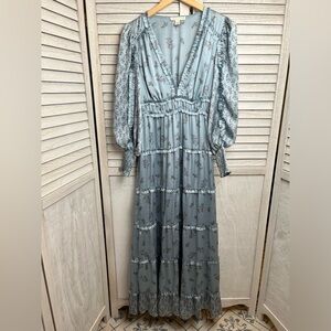 Chelsea & Violet long sleeve maxi dress. Pearly blue w/white floral